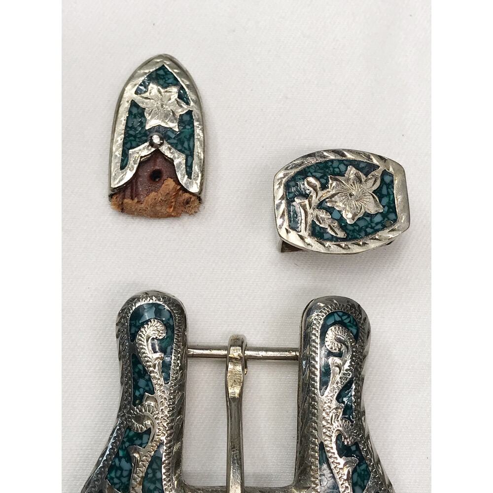 VTG Mexico Alpaca Silver Inlaid Turquoise Ornate Tipped Belt Buckle 3 Piece Set - Picture 12 of 16
